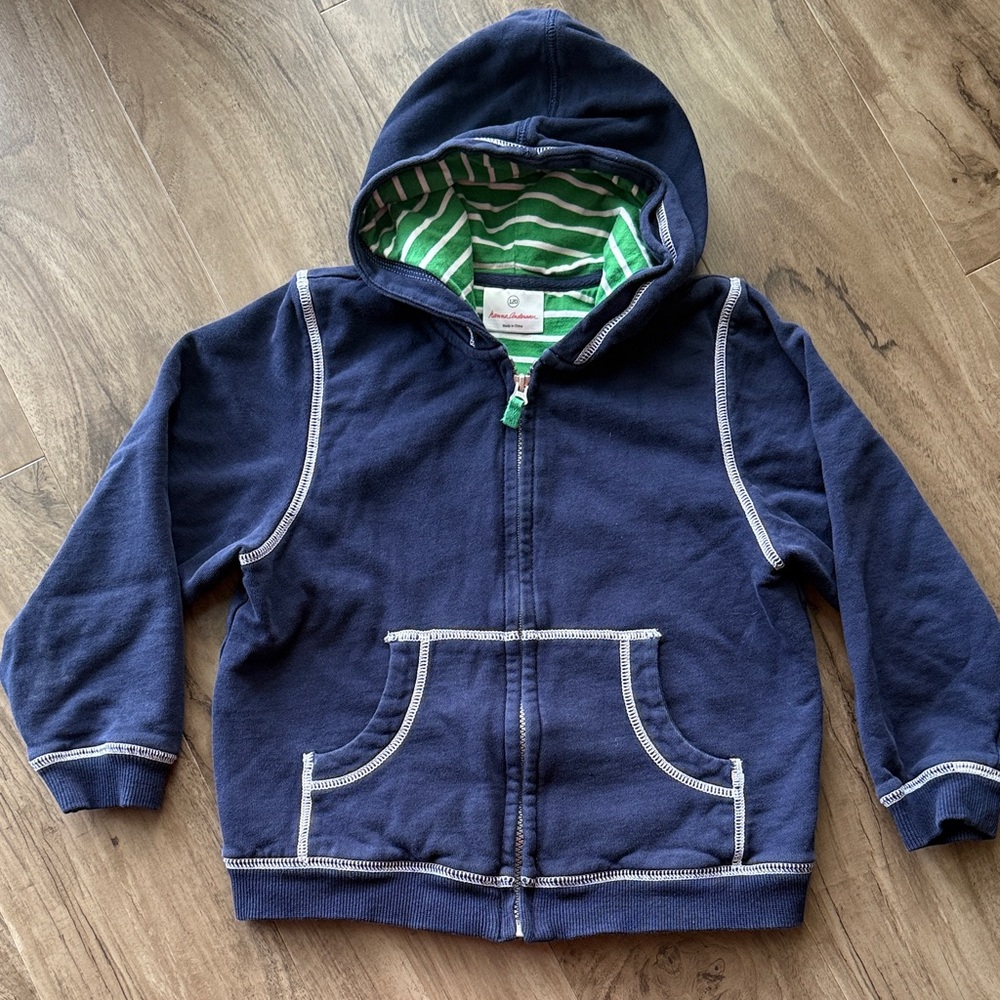 Hanna Andersson Navy Blue Kids Hoodie with Green Stripes